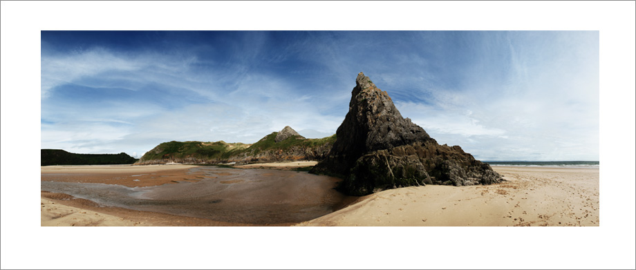 Digital landscape panoramic photography of 3 Cliffs Bay, The Gower Peninsula, South Wales.