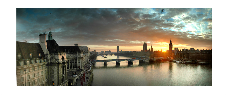 Digital landscape panoramic photograph of Westminster Bridge and the Houses of Parliament, London